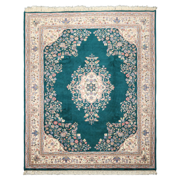 7x9 Emerald, Green, Ivory Color Hand Knotted Tabriz Wool Traditional Oriental Rug