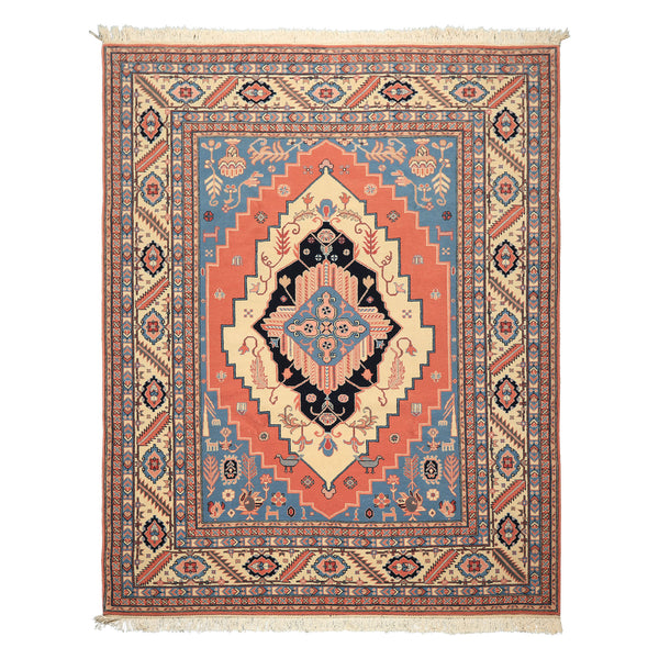 8x10 Salmon, Ivory, Blush Color Hand Knotted Heriz Wool Traditional/ Medallion Oriental Rug