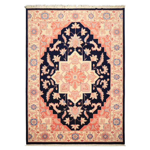9x12 Navy, Ivory, Salmon Color Hand Knotted Heriz Wool Traditional/ Medallion Oriental Rug