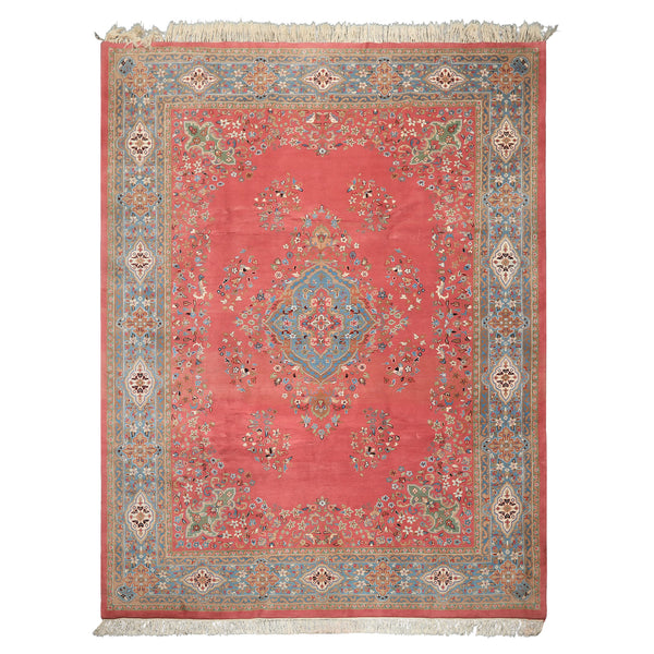 9x12 Pink, Blue, Sage Color Hand Knotted Kashan Wool Traditional/ Botanical Oriental Rug