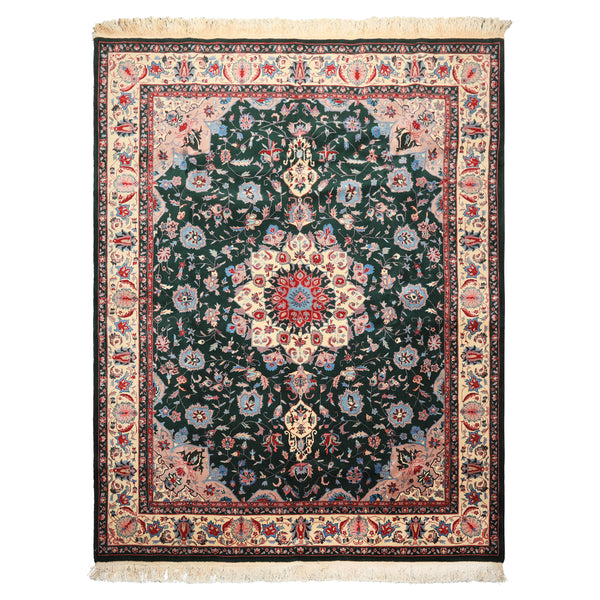 8x10 Dark Green, Ivory, Red Color Hand Knotted Tabriz New Zealand Wool Traditional Oriental Rug