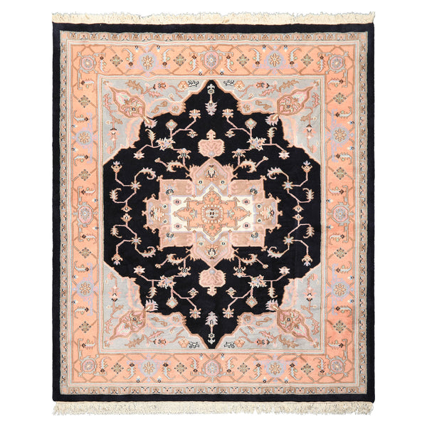 8x10 Black, Peach, Ivory Color Hand Knotted Heriz Wool Traditional Oriental Rug