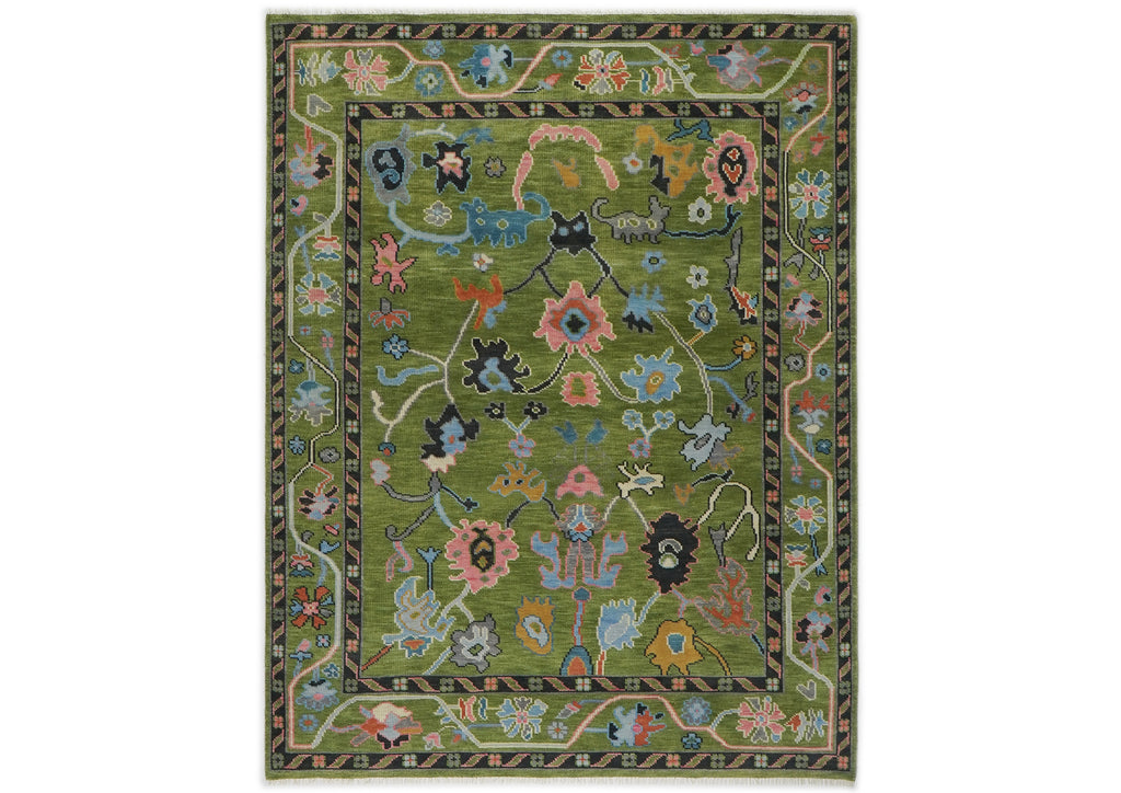 Multi Size Green Pink Navy Color Hand Knotted Oushak Wool Traditional Oriental Rug