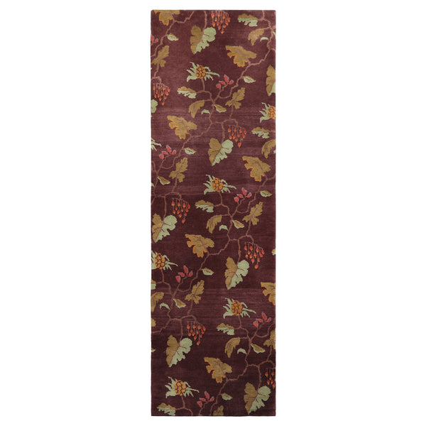 Runner Aubergine, Gold, Mint Color Hand Knotted Tibetan Wool Transitional Oriental Rug