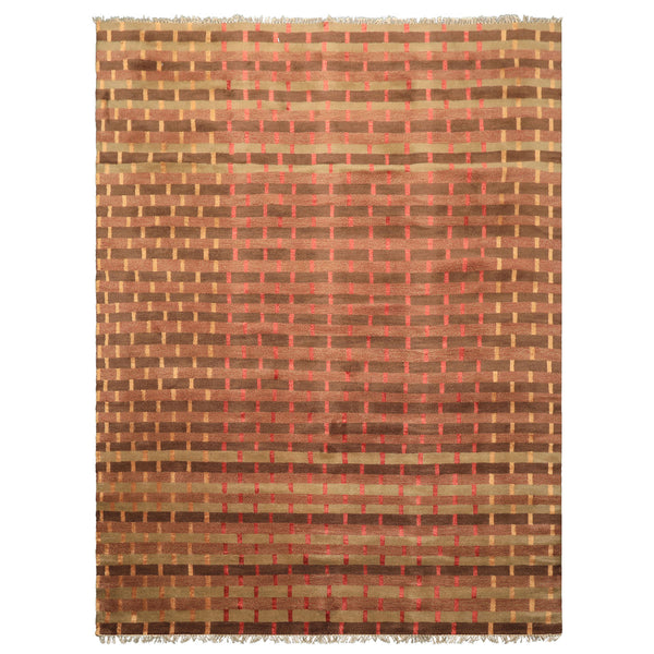 8x10 Raspberry, Rust, Moss Color Hand Knotted Tibetan Wool & Pure Silk Contemporary Oriental Rug
