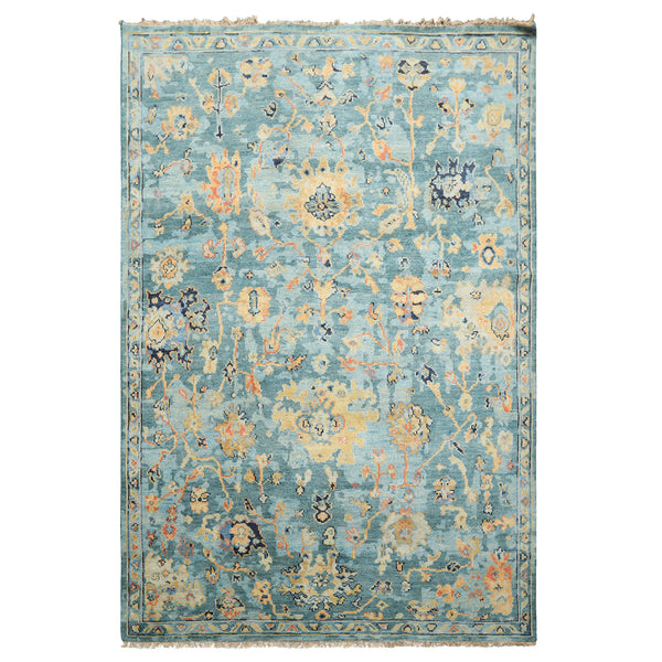 6x9 Teal, Gold, Burnt Orange Color Hand Knotted Oushak Wool Traditional Oriental Rug