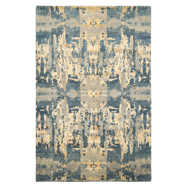 6x9 Gray, Aqua, Ivory Color Hand Knotted Indo Tibetan Wool & Bamboo Silk Modern & Contemporary Oriental Rug