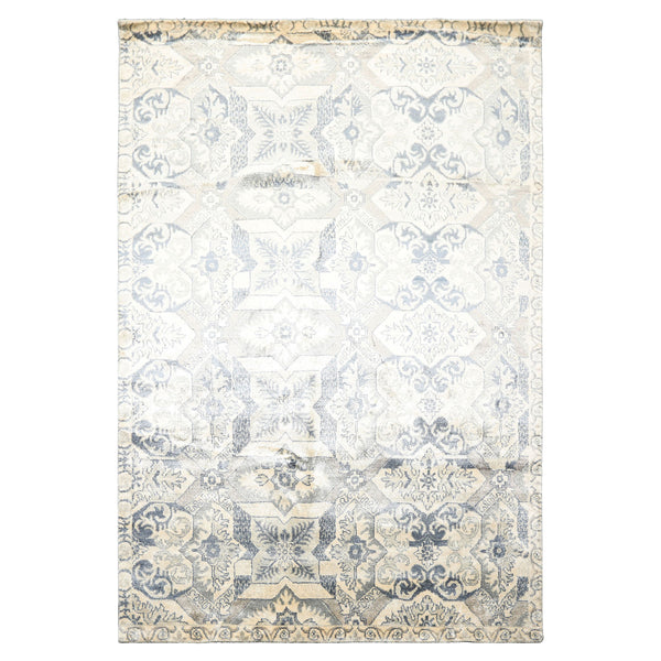 6x9 Ivory, Gray, Slate Color Hand Knotted Indo Tibetan 100% Bamboo Silk Transitional Oriental Rug