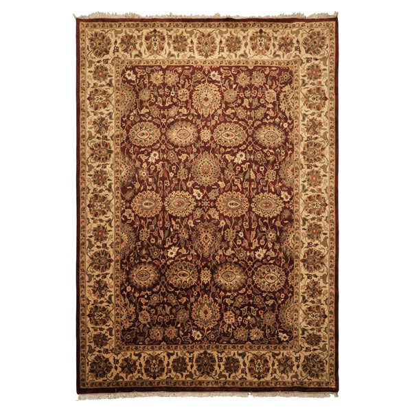 8x11 Maroon, Ivory, Green Color Hand Knotted Agra New Zealand Wool Traditional Oriental Rug
