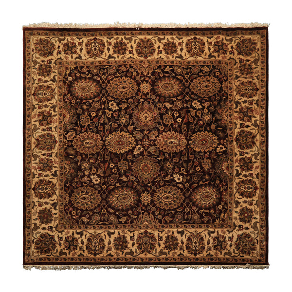 Square Chocolate, Ivory, Tan Color Hand Knotted Agra New Zealand Wool Traditional Oriental Rug