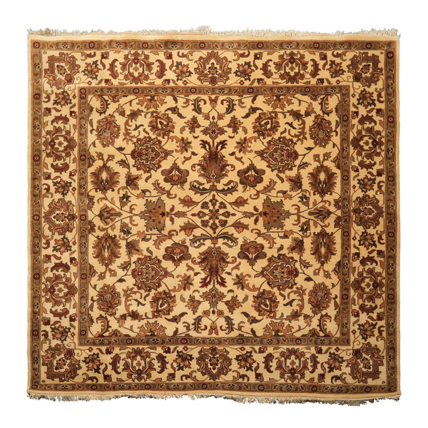 Square Ivory, Moss, Caramel Color Hand Knotted Agra Wool Traditional Oriental Rug