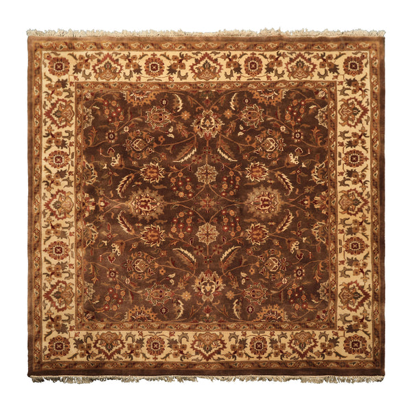Square Brown, Ivory, Rust Color Hand Knotted Agra Wool Traditional Oriental Rug