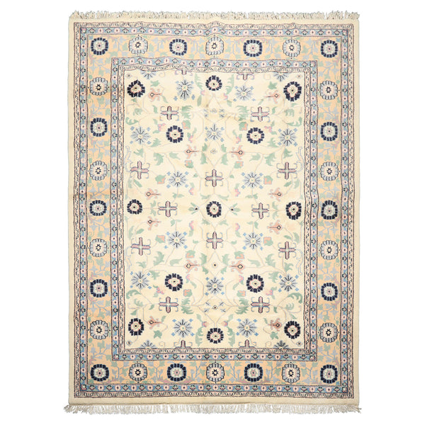 8x11 Ivory, Peach, Blue Color Hand Knotted Indo Kashan Wool Traditional Oriental Rug