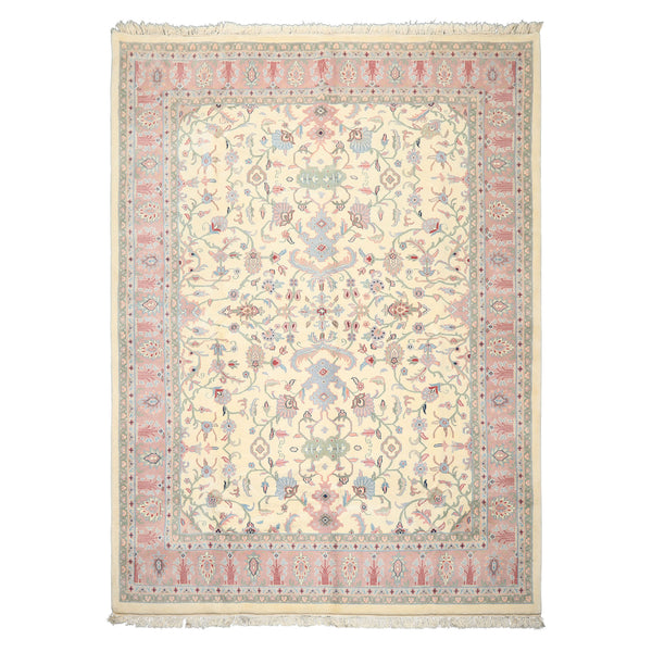 9x12 Ivory, Blush, Sage Color Hand Knotted Indo Kashan Wool Traditional Oriental Rug