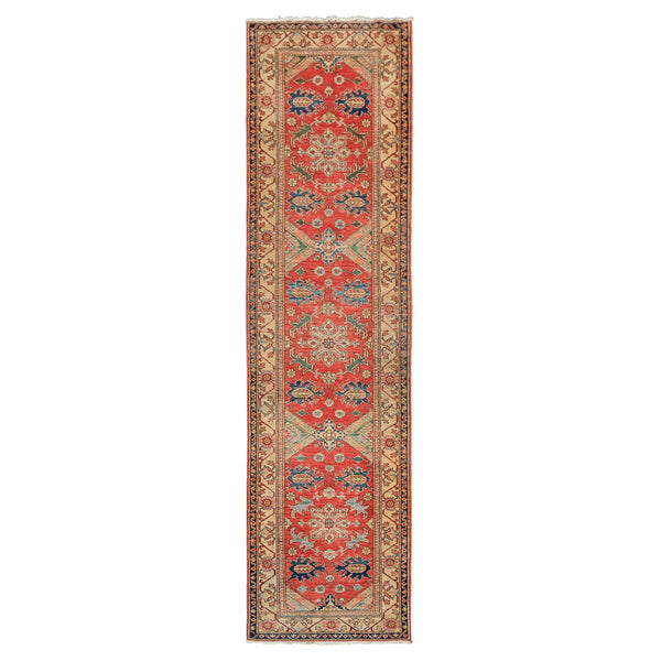 Runner Coral, Moss, Navy Color Hand Knotted Kazak Wool Traditional Oriental Rug