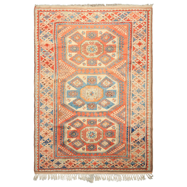 6x9 Burnt Orange, Ivory, Blue Color Hand Knotted Caucasian Kazak Wool Traditional Oriental Rug