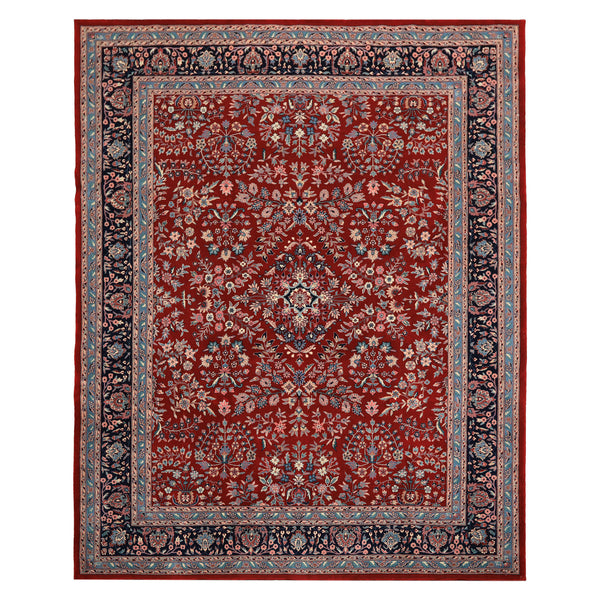8x10 Red, Navy, Aqua Color Hand Knotted Indo Sarouk New Zealand Wool Traditional Oriental Rug