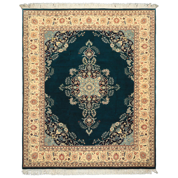 8x10 Teal, Ivory, Navy Color Hand Knotted Pak Persian New Zealand Wool Traditional Oriental Rug