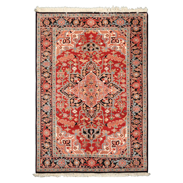 6x9 Red Indo-Heriz hand-knotted wool rug with bold geometric blue-black medallion — durable 0.5'' pile oriental rug for living rooms.