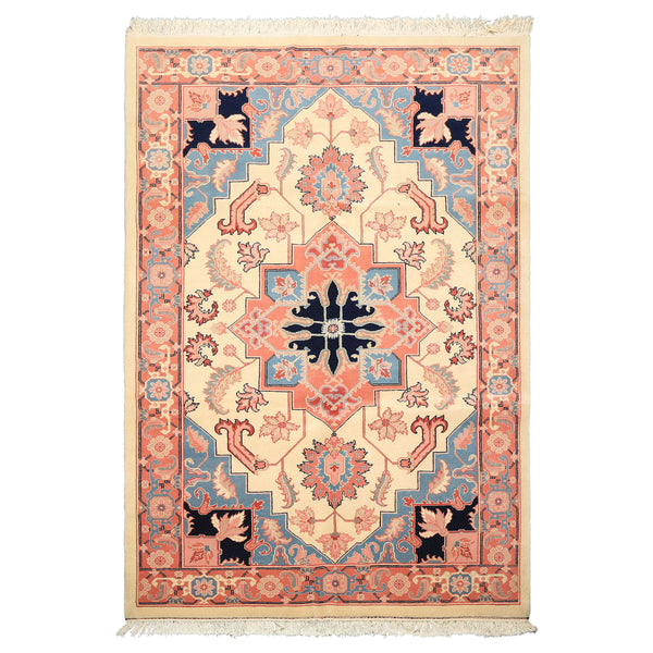 Romanian Serapi-inspired hand-knotted wool rug 6'x9' with ivory field and bold rose-red geometric medallion — 0.6'' pile oriental rug for living rooms