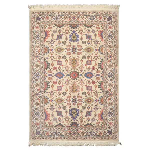 Ivory Arts & Crafts Oushak hand-knotted wool rug 5'6''x8'6'' with blue, aqua, lime, and rose motifs — medium-pile oriental rug for relaxed living room décor
