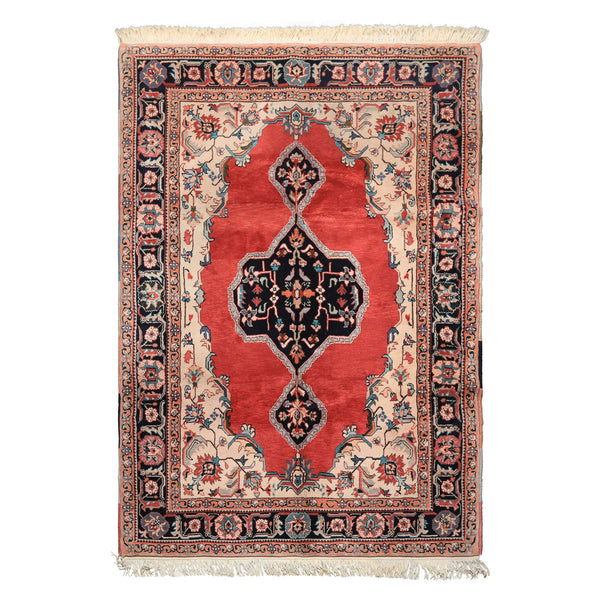 6x9 Ruby red Indo-Tabriz hand-knotted wool rug 6x8'10'' with detailed central medallion and beige, aqua, green accents — plush 0.75'' pile oriental rug for formal living rooms