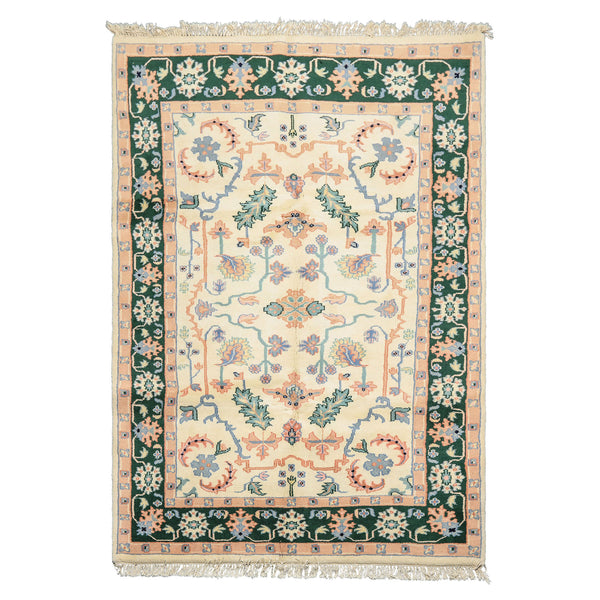 Hand-knotted Indo-Heriz wool rug 5'10''x8'10'' with ivory and beige field and bold green geometric motifs — traditional oriental rug for living room décor