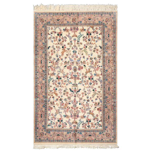 5'10''x9'6'' Indo-Persian hand-knotted wool rug with ivory pictorial garden scene, birds, and flowering branches — plush 1'' pile decorative centerpiece rug