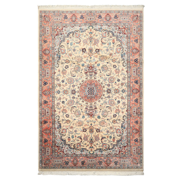 6'4''x10'1'' Indo-Tabriz hand-knotted New Zealand wool rug with ivory field and rose-navy medallion — luxury oriental rug for large living rooms.