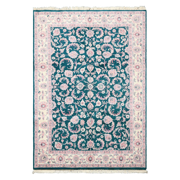 Emerald green Indo-Kashan hand-knotted wool rug 6x8'10'' with ivory and soft pink floral vines — luxury oriental rug for elegant U.S. living rooms.