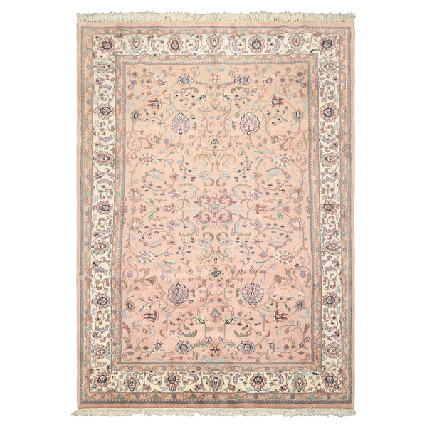 6x9 baby-pink Indo-Kashan hand-knotted wool rug with ivory, aqua, and mint floral vines — soft oriental rug ideal for bedrooms and nurseries
