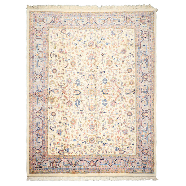 9x12 Indo-Kashan hand-knotted wool rug in ivory with all-over lavender and blue floral motifs — plush 1-inch pile area rug for elegant dining spaces