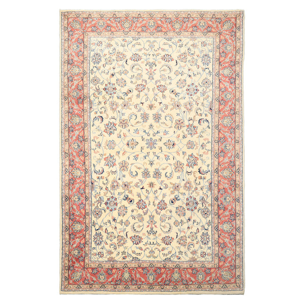 Ivory Indo-Kashan hand-knotted wool rug 6x9'2'' with flowing rose and aqua floral vines — classic oriental rug for bright and elegant living rooms.