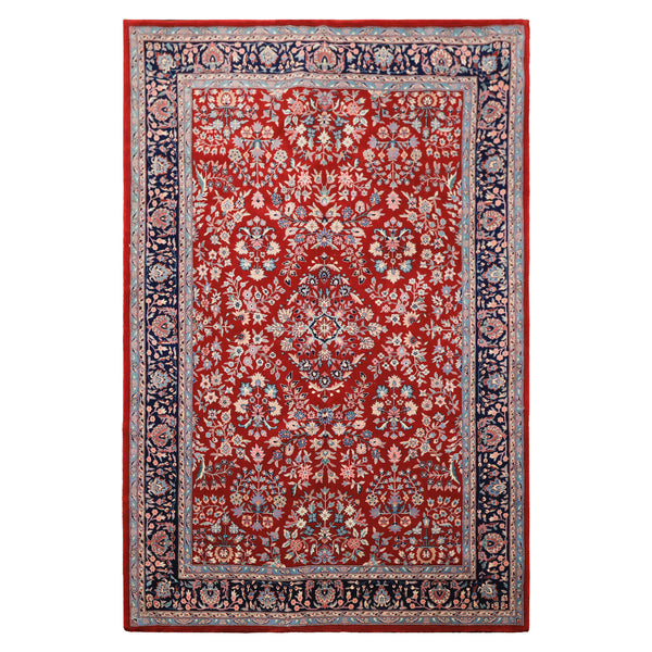 6x9 hand-knotted Indo-Kashan area rug in deep red with ivory floral vines and navy border — premium New Zealand wool oriental rug for living room décor.