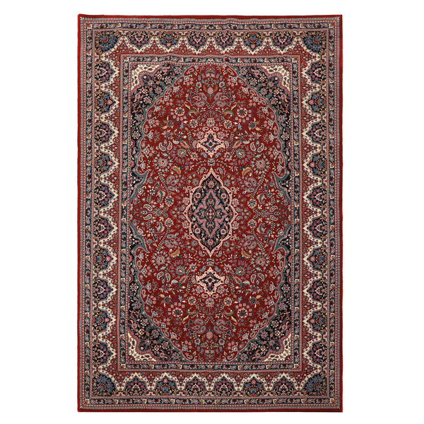 6x9 Luxury hand-knotted Pak-Persian wool and silk rug 6'1''x9'2'' with red medallion field, ivory floral vines, and silk highlights — premium oriental rug for formal living rooms