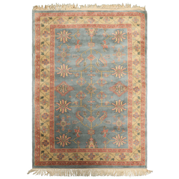 4x6 Aqua, Rose, Gold Color Hand Knotted Indo Oushak Wool Arts & Crafts Oriental Rug