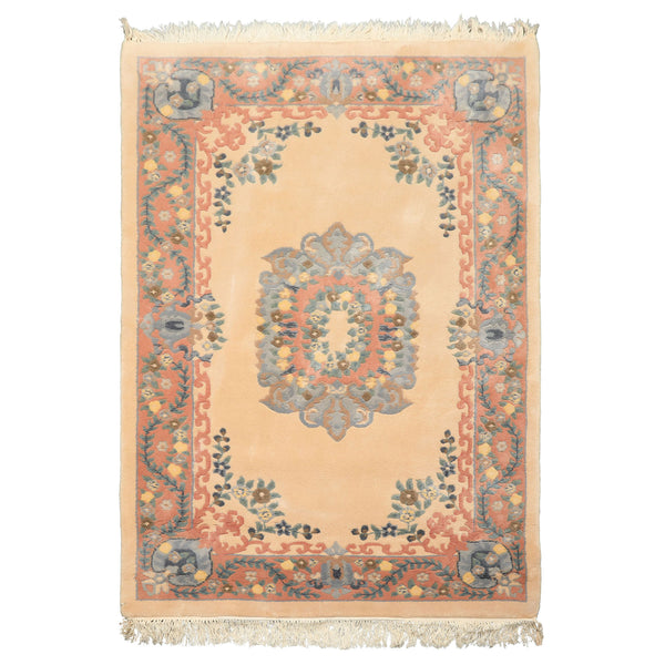 4x6 peach French Aubusson Savonnerie wool hand-knotting rug with medallion and floral motifs, plush pile for elegant living room décor