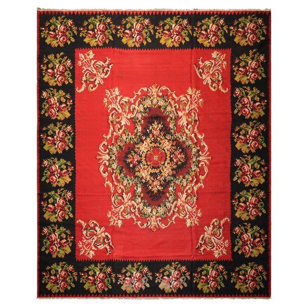 9x12 Red, Charcoal, Maroon Color Hand Woven Turkish Kilim Wool Traditional Oriental Rug