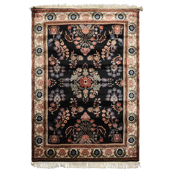 4x6 Black, Ivory, Sage Color Hand Knotted Indo Sarouk New Zealand Wool Traditional Oriental Rug
