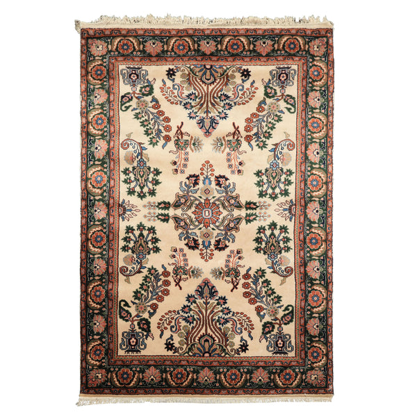 4x6 Ivory, Green, Rose Color Hand Knotted Indo Sarouk New Zealand Wool Traditional Oriental Rug
