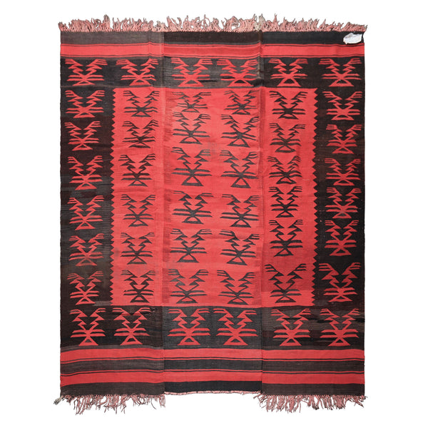 7x9 Red, Charcoal, Brown Color Hand Woven Turkish Kilim Wool Southwestern Oriental Rug