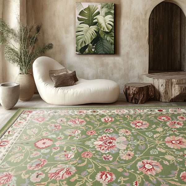 8x10 Sage, Cream, Blush Color Hand Hooked  Wool Traditional Oriental Rug