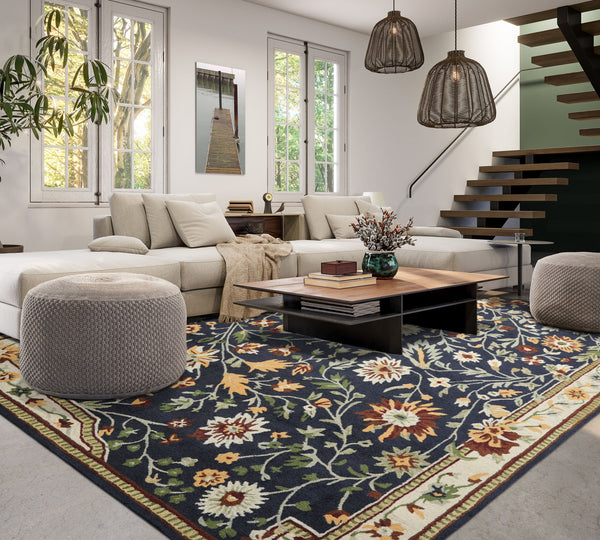 8x10 Navy, Ivory, Sage Color Hand Hooked  Wool Traditional Oriental Rug