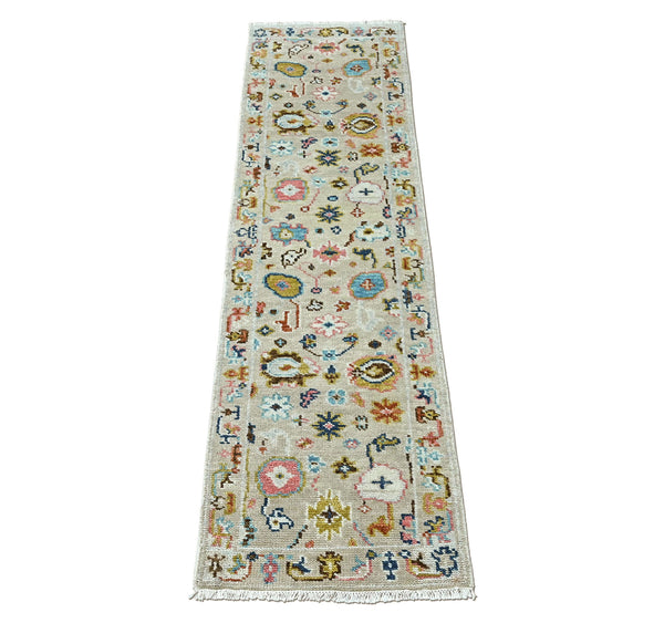 2'6x9 Beige, Gold, Blush Color Hand Knotted Oushak Wool Transitional Oriental Rug