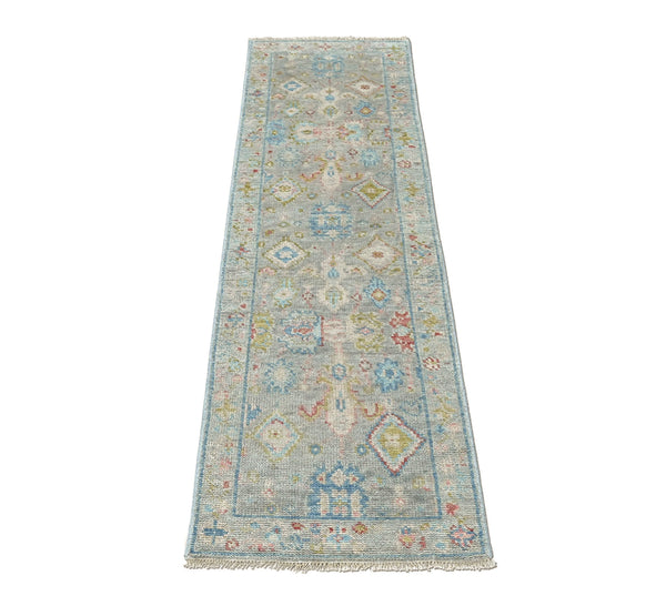 2'6x9 Slate, Gray, Lime Color Hand Knotted Oushak Wool Arts and Crafts Oriental Rug