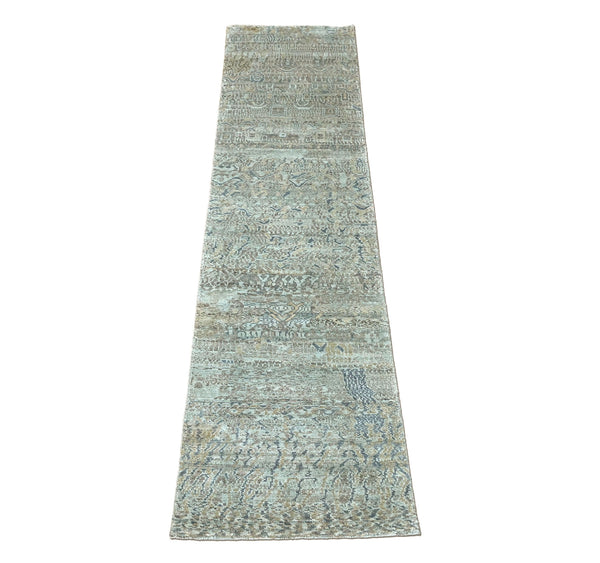 2'3x10 Celedon, Gray, Blue Color Hand Knotted Oushak Wool Modern Oriental Rug
