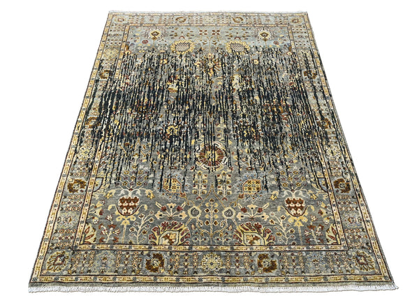 6x9 Slate, Charcoal, Gold Color Hand Knotted Oushak Wool Modern Oriental Rug