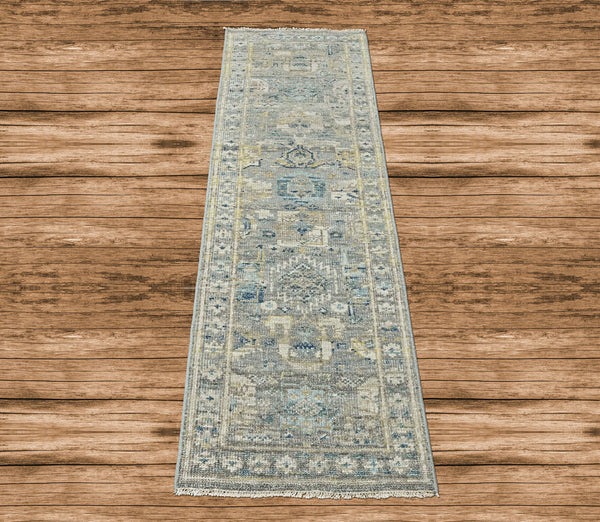 2'6x9 Slate, Ivory, Blue Color Hand Knotted Oushak Wool Transitional Oriental Rug