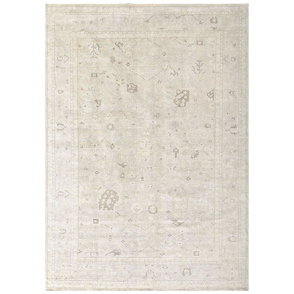 13x19 beige Oushak wool rug hand knotted with soft transitional Persian motifs for large US living rooms