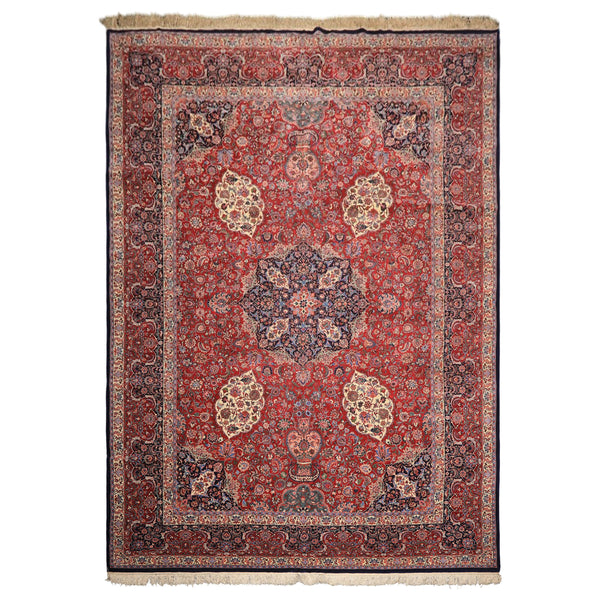 10x14 Red, Navy, Ivory Color Hand Knotted Pak Persian Wool & Silk Traditional Oriental Rug